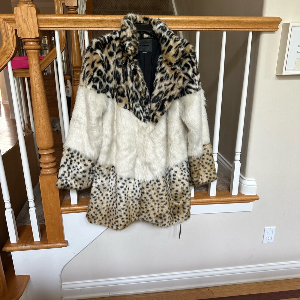 BLANKNYC Weekend Vibes Mixed Print Faux Fur Coat